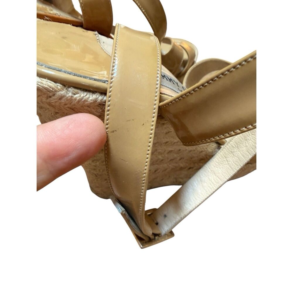 Jimmy Choo Sz 38 Beige Patent Leather Ankle Strap Wedges Strappy - Picture 14 of 14
